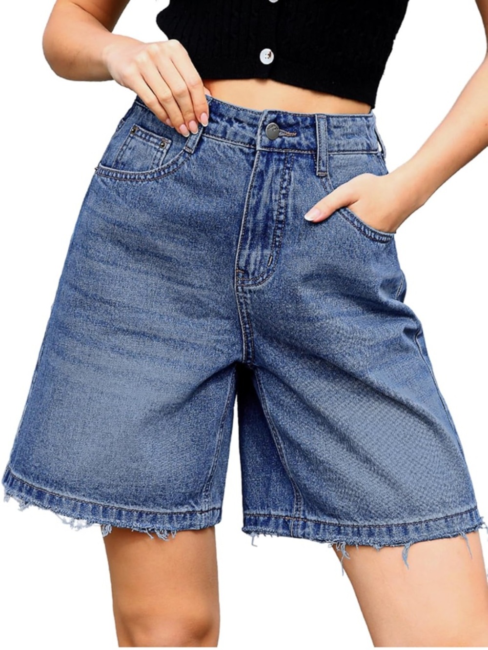 Classic High-Waist Blue Denim Shorts for Women Baggy Bermuda
